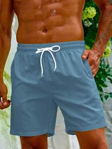 Manfinity Swimmode Men's Solid Color Drawstring Waist Beach Shorts, Summer Vacation (Printed Irregular)