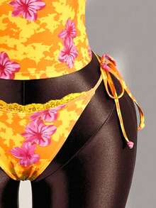 Zestiva Women's Summer Vacation Casual Beach Wear Tropical Floral Print Strapless Bandeau Tied Camisole Strap Bikini Lace Trim 2-Piece Swimsuit Set - Multicolor - View 3