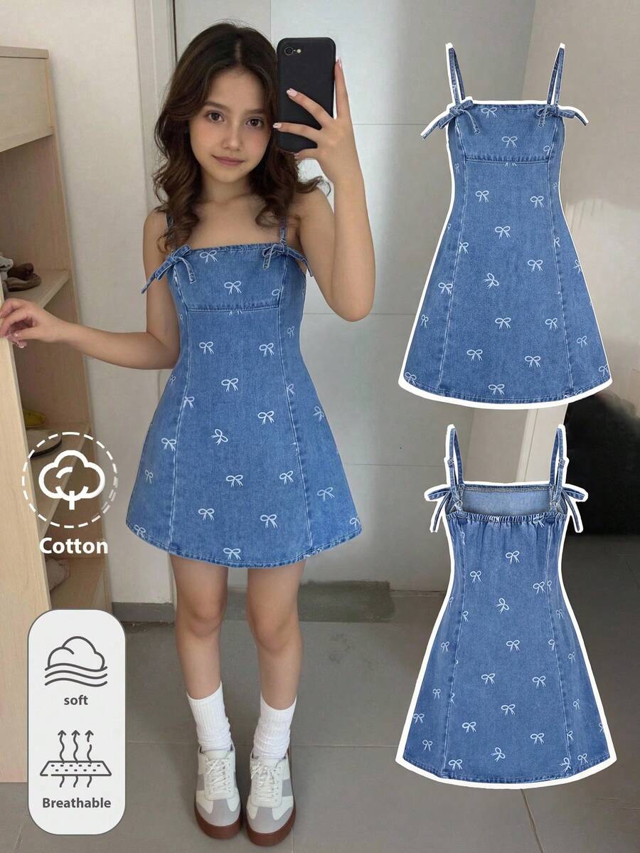 SHEIN Thời trang thiếu nữ tuổi teen: Phong cách thường ngày Y2K, vintage, cá tính, đường phố, trở lại trường học, đại học, cơ bản, đơn giản và thoải mái. Váy ngắn denim xanh cổ yếm màu trắng nơ, quần áo trẻ em, mềm mại, mặc hàng ngày và mùa đông thu, trang phục dự tiệc, lễ hội và mặc ở nhà, thời trang đường phố, quần áo đi học. - Rửa nhẹ - Xem 1