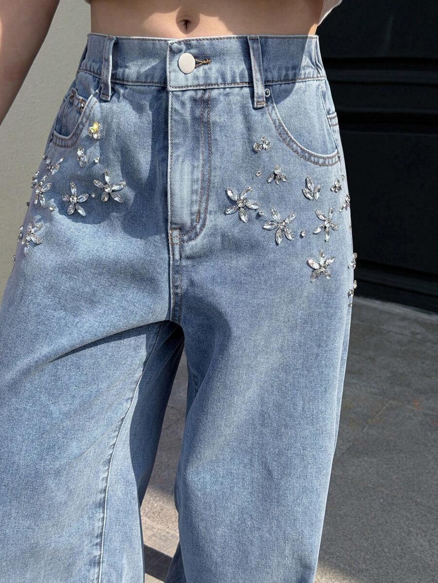 DAZY 少女水钻装饰牛仔裤 - 藍色 - 查看 1