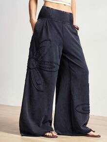 Bohemela Pantalones anchos de mujer de punto de unicolor casual con aplicación floral - Negro - Ver 1