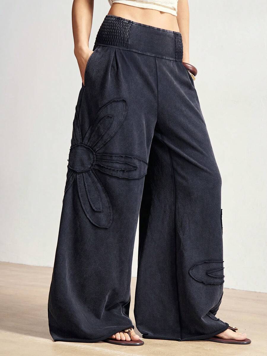 Bohemela Pantalones anchos de mujer de punto de unicolor casual con aplicación floral - Negro - Ver 1