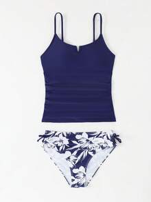 SHEIN 少女两件式泳衣套装，可爱蓝色碎花针织吊带背心和印花泳裤，时尚休闲优雅泳装，适合游泳、夏季度假、海滩、泳池派对 - 藍色 - 查看 4