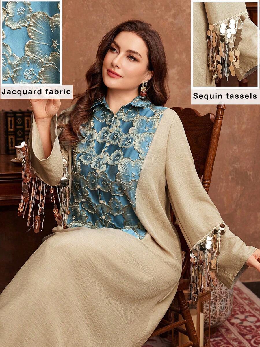 Al Najma Robe ample pour femmes grandes tailles, couleur unie, patchwork floral, manches longues, poignets ornés de perles, style décontracté, printemps/automne - Multicolore - Voir 1