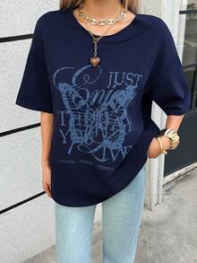 DAZY 女士字母蝴蝶印花宽松圆领落肩T恤 - 藏蓝色 - 查看 8