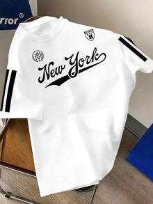 Manfinity Joysei Camiseta de manga corta con cuello redondo y estampado de letras casual para hombres - Blanco - Ver 1