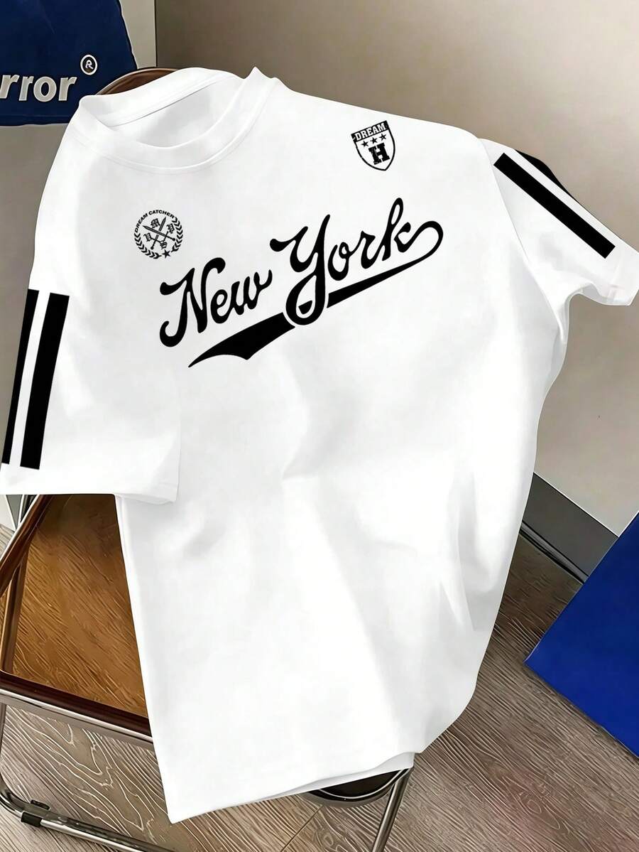 Manfinity Joysei Camiseta de manga corta con cuello redondo y estampado de letras casual para hombres - Blanco - Ver 1