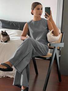 Livesso Women's Crew Neck Sleeveless Top And Drawstring Waist Wide Leg Jeans Casual Suit - Grey - View 6