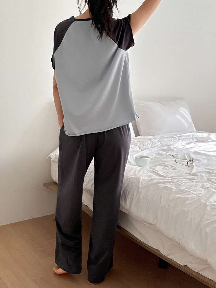 Casual Contrast Color Raglan Sleeve Loose Women's Pajama Set