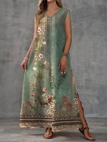 EMERY ROSE Plus Size Women Floral Print V-Neck Casual Vacation Date Dress - Multicolor - View 5