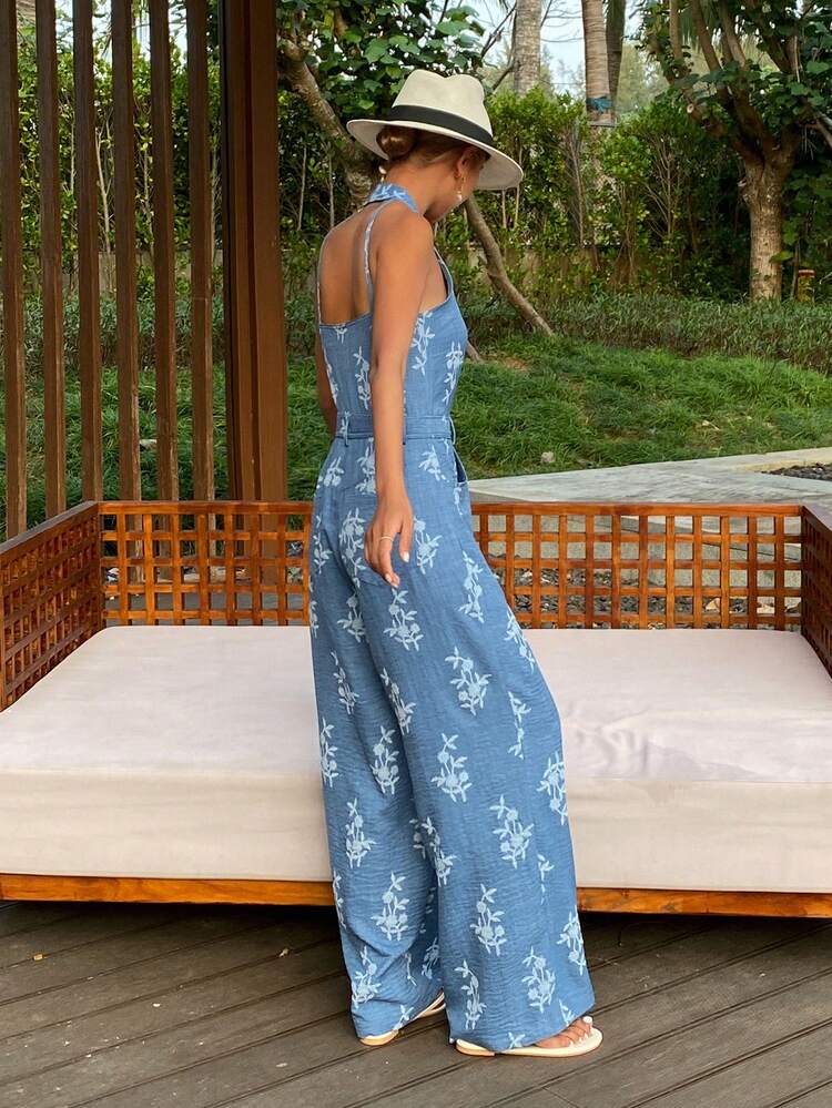 Floral Print Jumpsuit With Halter Neck, Wide Leg Pants, Elegant Resort Wear For Women, Spring/Autumn Summer Boho