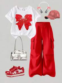 SHEIN ChillGRL 2 件套青少年女孩休闲 T 恤和工装裤套装，蝴蝶刺绣图案圆领短袖 T 恤和裤子，春夏季时尚服装 - 紅色 - 查看 5