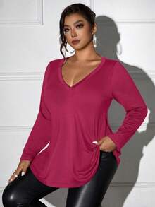 Femmeverse 春季大码亮粉色纯色V领长袖休闲T恤 - 玫紅色 - 查看 3