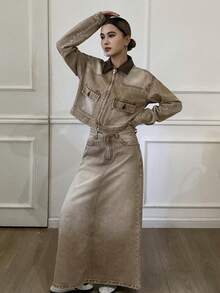 DAZY Áo khoác denim nữ có cổ PU và chân váy denim dài rộng rãi, thường ngày - Màu Khaki - Xem 5