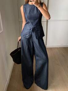 DAZY Conjunto casual de chaleco de mezclilla sin mangas de cuello redondo y pantalones vaqueros rectos y sueltos para mujer - Azul lavado oscuro - Ver 4
