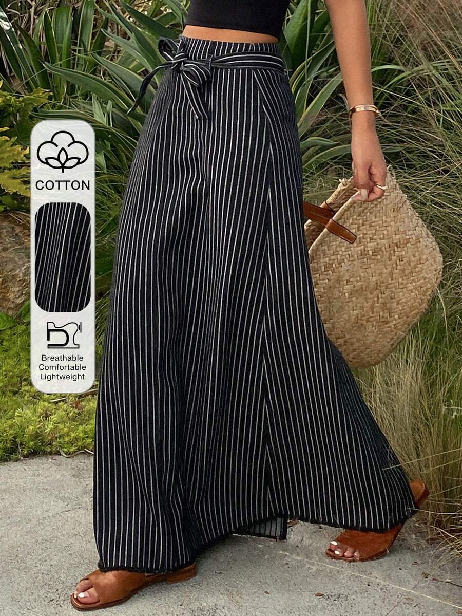 Livesso Spring & Summer Loose Business Casual Vacation Beach Fashion Office Wear Design Cinched Denim Skirt - Black - View 1