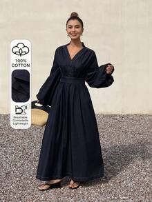 Livesso Women's V-Neck Ruched Waist Puff Sleeve Denim Dress - Blue - View 1