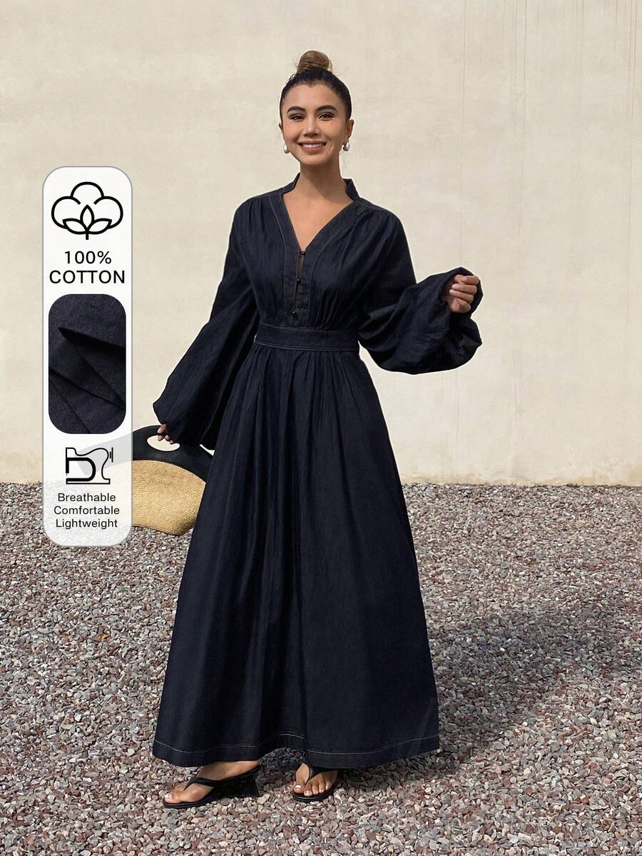 Livesso Women's V-Neck Ruched Waist Puff Sleeve Denim Dress - Blue - View 1