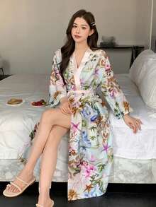 DAZY Satin Abstract Nature Print Color Block Long Robe For Women - Mint Blue - View 6