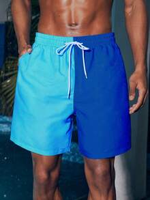Manfinity VDAYZ Men's Drawstring Waist Patchwork Color Casual Beach Shorts - Blue - View 3