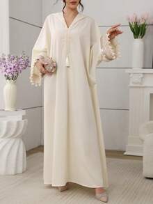 SHEIN Najma 女士连帽蕾丝缎带蝙蝠袖流苏连衣裙 - 杏色 - 查看 9