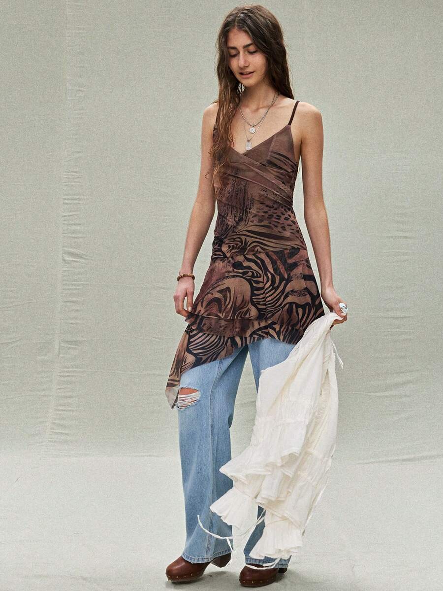 SoleilVie 女士豹纹拼接不对称下摆连衣裙 - 彩色 - 查看 1