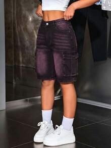 SHEIN PETITE Women's Casual Versatile Commuting Denim Shorts With Pockets And Buttons - Black - View 3