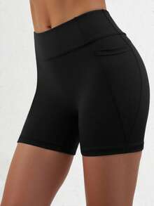 Black Athletic Shorts For Tween Girls, Featuring A Creative Paneled Construction With Functional Side Pockets, Made From High-Stretch Comfortable Fabric For Unrestricted Movement, Ideal For Cycling, Jogging, Yoga Sessions, And Versatile Training Activities - Black - View 6
