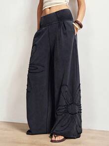 Bohemela Pantalones anchos de mujer de punto de unicolor casual con aplicación floral - Negro - Ver 8