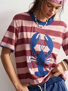 Bohemela 女士休闲条纹针织圆领短袖宽松T恤，夏季趣味图案 - 粉色 - 查看 3