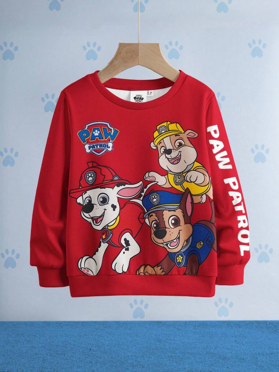 SHEIN | PAW Patrol 小男孩可爱卡通小狗印花圆领长袖针织卫衣，休闲户外运动服 - 紅色 - 查看 1
