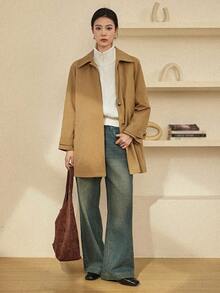 Dazy-Less 女士休闲皮夹克风衣，中长款，常规版型，适合秋冬季节，商务休闲女装外套 - 卡其色 - 查看 3