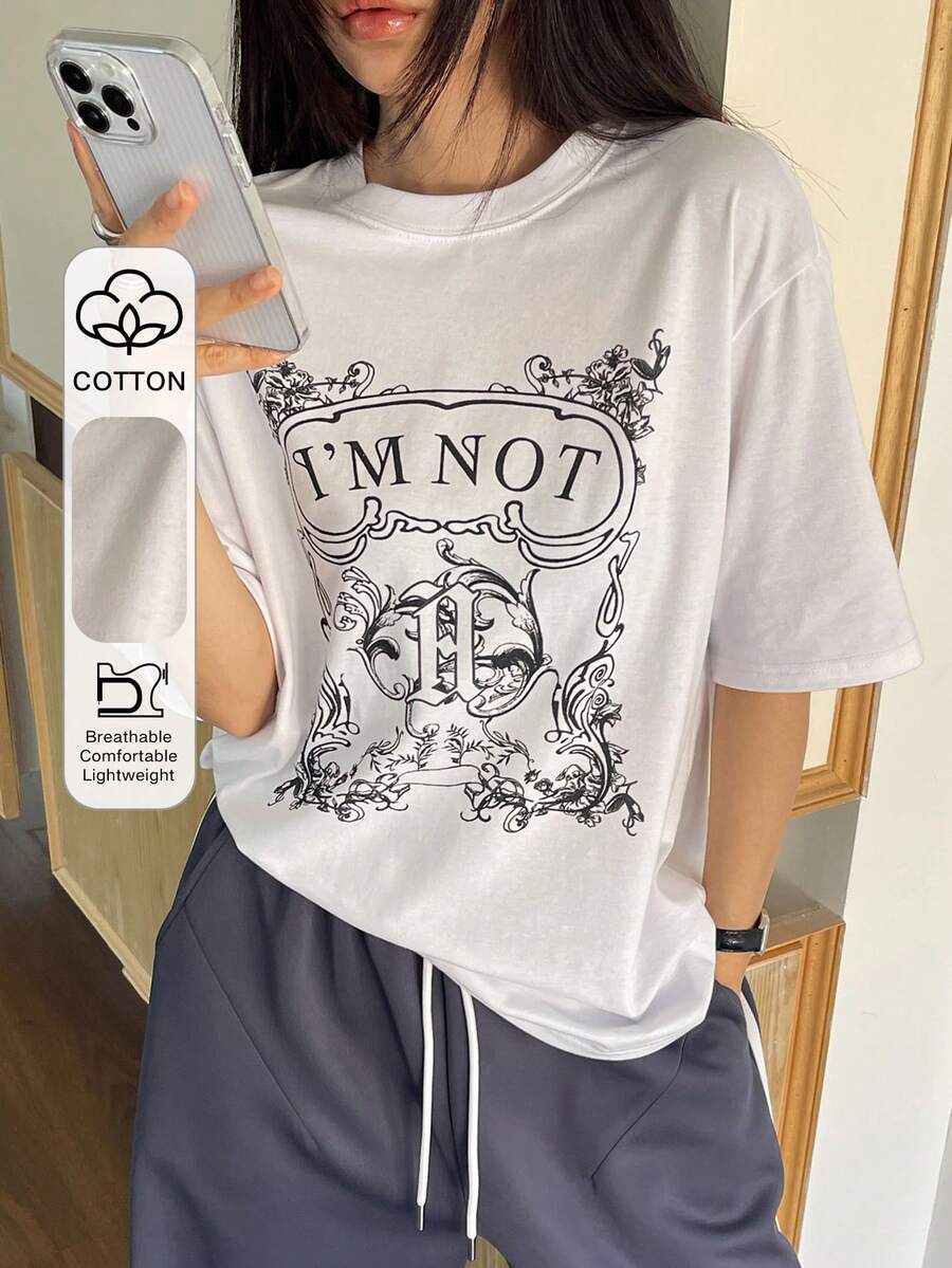 DAZY Áo thun nữ tay ngắn cổ tròn in hoa, dáng rộng, thoải mái, thích hợp mặc công sở, mùa xuân/hè. - trắng - Xem 1