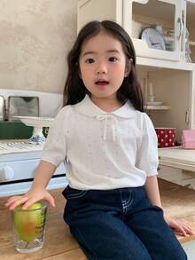 DAZY 女童翻领纹理蝴蝶结短袖优雅T恤 - 白色 - 查看 6