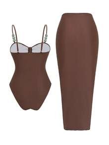 Swim Oasis Summer Vacation Sexy Solid Color Hollow Out Halter Turquoise Accessories Spaghetti Strap Women One-Piece Swimsuit & Sarong Maxi Dress - Brown - View 4