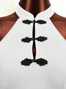 Mistrie Women's Sexy Bodycon Halter Neck Dress With Side Slit And Button Detail - White - View 3