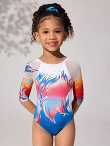 Young Girls' Gymnastics Leotard, Professional Sports Gymnastics Dance Mesh Sleeve High Stretch Breathable Purple Sparkly Pattern Rhinestone Bodysuit - Multicolor - View 5