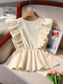 Teen Girl Elegant Yellow V-Neck Woven Blouse With Ruffle Sleeves, Ruffle Hem, Versatile And Practical, Pair With Skirts, Flared Pants, Wide-Leg Pants, Skinny Pants, Or Shorts - Yellow - View 2