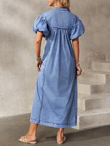 Breezaya Vestido de mezclilla holgado con cuello con muesca, mangas abultadas, bolsillo con abertura y botones, para uso casual y diario, verano - Azul - Ver 3