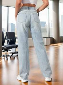 Pantalón femenino casual tipo jeans  de tiro alto con rotos y efecto lavado ajuste regular sin cuello sin mangas primavera verano uso diario pantalón - Azul - Ver 3