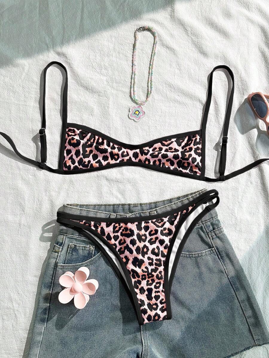 Swim Mod Bộ bikini nữ gợi cảm hở lưng, họa tiết da báo, buộc dây phía trước, kiểu dáng đi biển. - màu đen - Xem 1