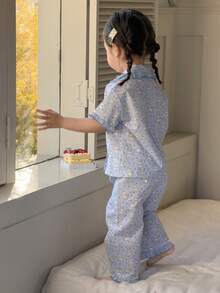 DAZY Bộ đồ ngủ 2 mảnh thoải mái kiểu Hàn Quốc cổ bẻ in hình hoạt hình cún con cho bé gái - Màu xanh nhạt - Xem 6