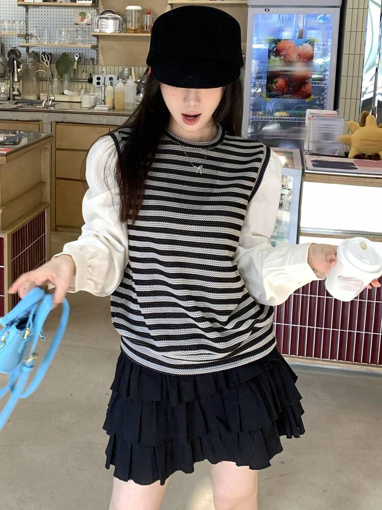 Women's Casual Striped Patchwork 2 In 1 T-Shirt, Autumn Long Sleeve