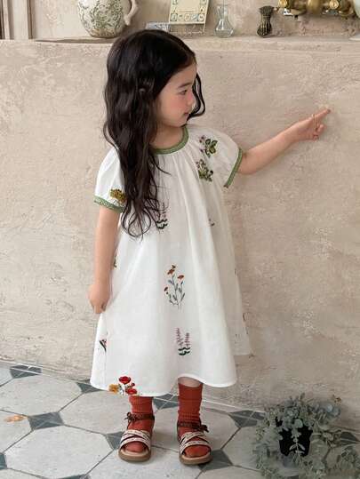 DAZY Toddler Girls' Round Neck Floral Casual Fresh Sweet Cute Korean Style Spring/Summer Dress