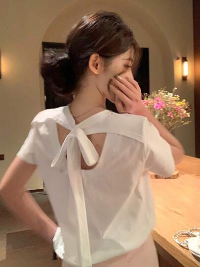 DAZY Women's Round Neck Bow Tie Strap Korean Style Elegant Hollow Out Strap Short Sleeve T-Shirt
