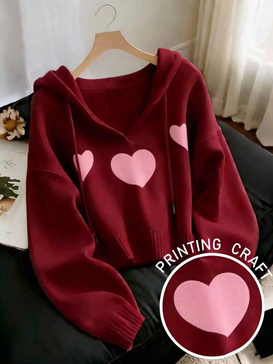 Resyla Women's Spring/Autumn New Arrival Sweatshirt, Soft Knit Casual Versatile Sweatshirt With Love Pattern - Burgundy - View 1