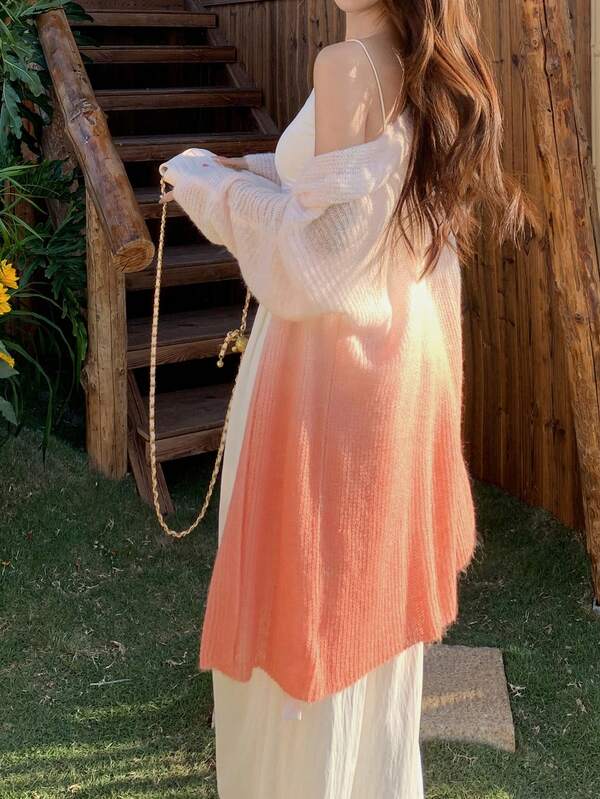 DAZY Blusa de punto de manga larga estilo coreano con degradado, de peso ligero para mujer