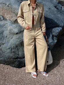 DAZY 女士休闲口袋夹克搭配阔腿牛仔裤套装，春季 - 杏色 - 查看 4