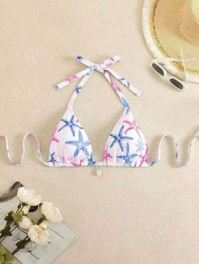 Swim Mod Plus Size Women Starfish Print Halter Bikini Set With Shell Decor, Summer Swimwear