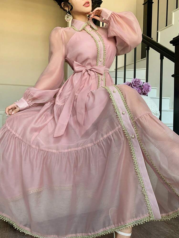 Women's Lace Patchwork Belted Maxi Slip Dress, Elegant Formal Gown Sundress